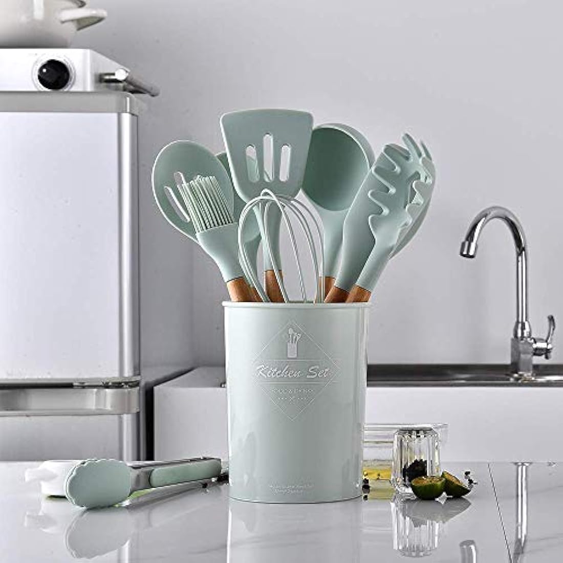 Zerobox Silicone Kitchen Utensil Set-9 Pieces Natural Wooden Handles Cooking Tools Turner Tongs Spatula Spoon for Nonstick Cookware, Mint Green