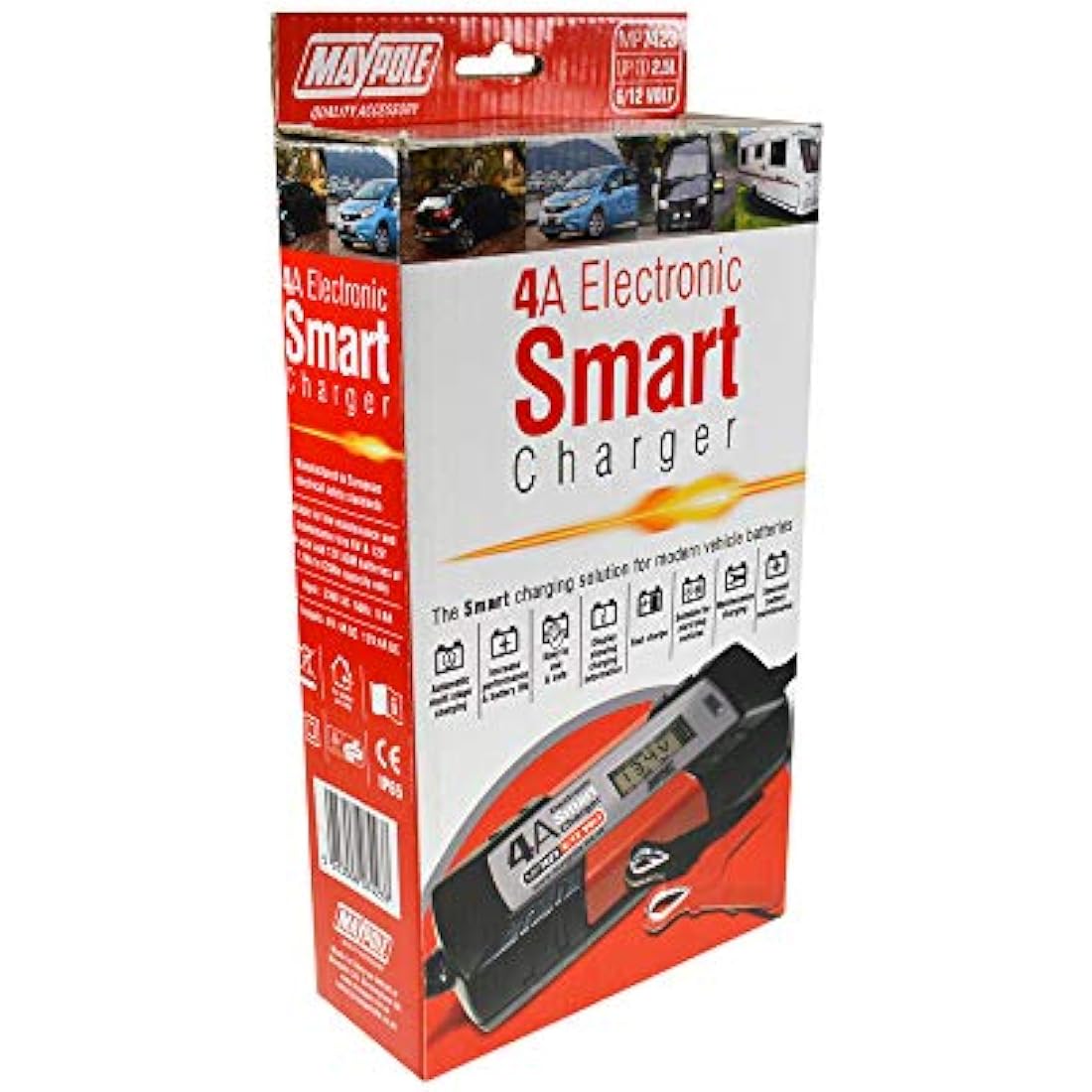Maypole 4A Dual Voltage 6/12V Electronic Smart Car Battery Charger Fully Automatic 5 Stage Charging Cycle Lead Acid AGM