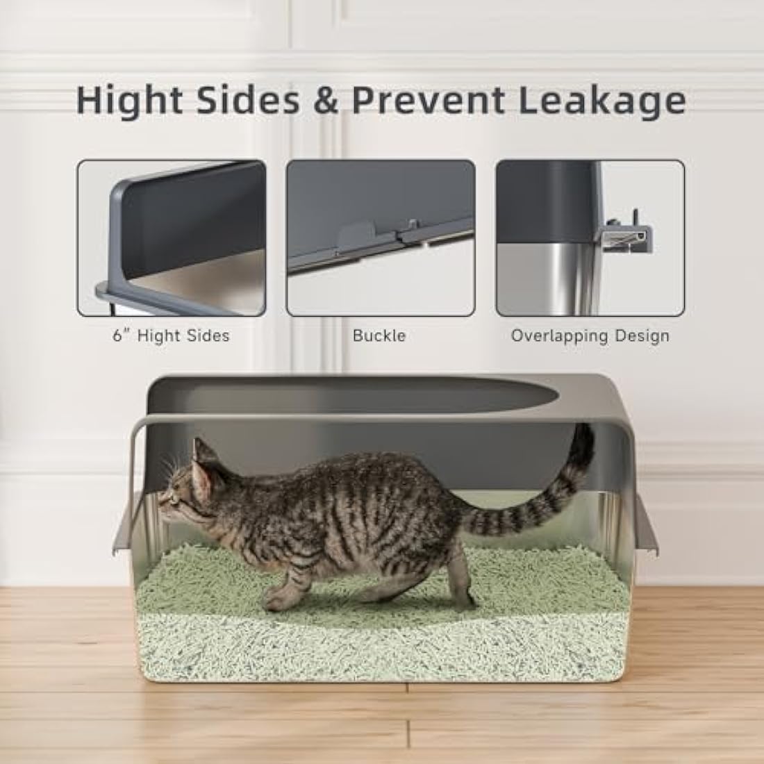 Bsadne High-Sided Stainless Steel Cat Litter Box with Lid - Extra Large, Easy-to-Clean Metal Litter Pan for Cats (24" L x 16" W x 12" H with Enclosure)