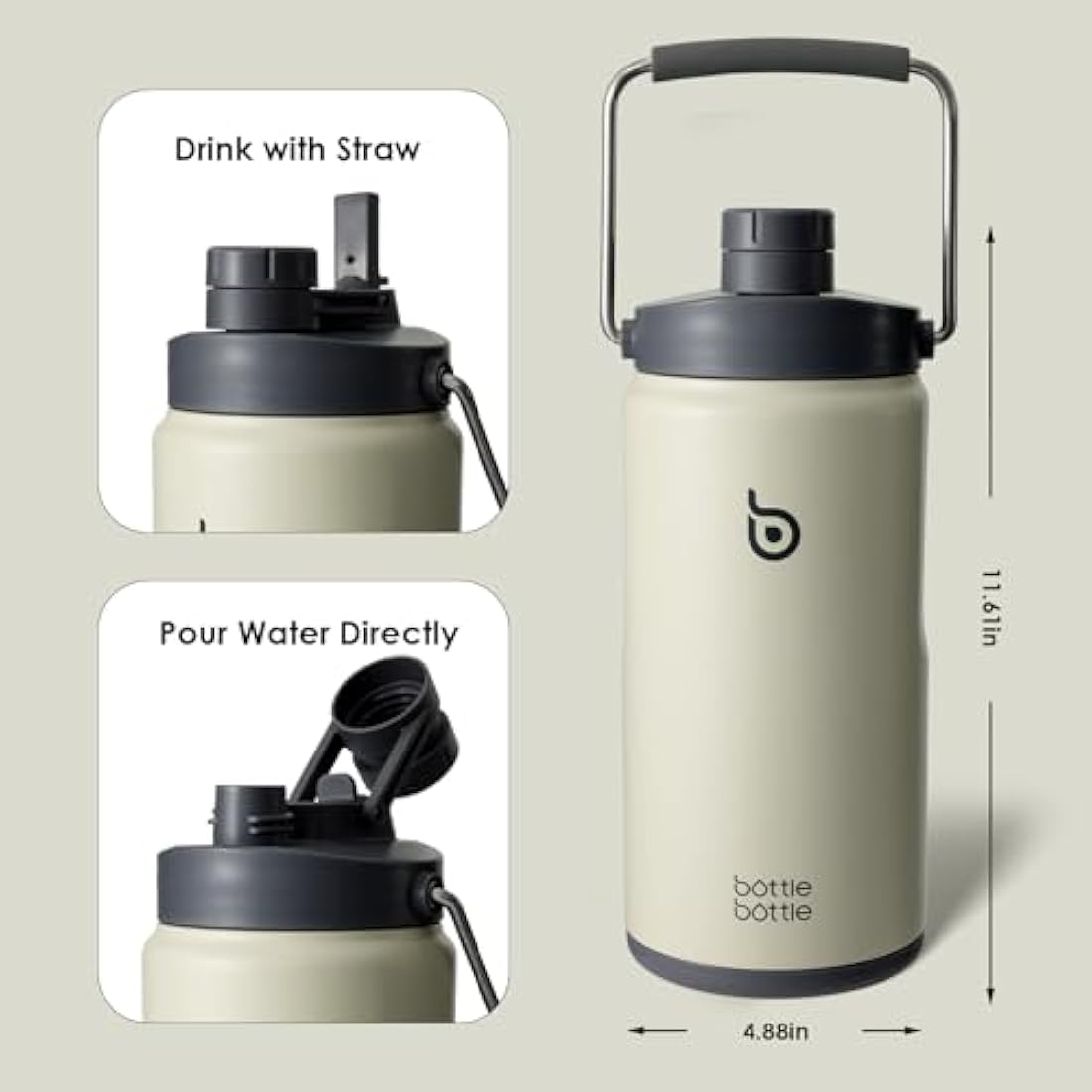 Bottle Bottle Insulated Water Bottle 2L with Straw and Dual-use Lid Half Gallon Water Jug Vacuum Stainless Steel for Workout and Sports Insulated Beer Growler with Handle(Gray)