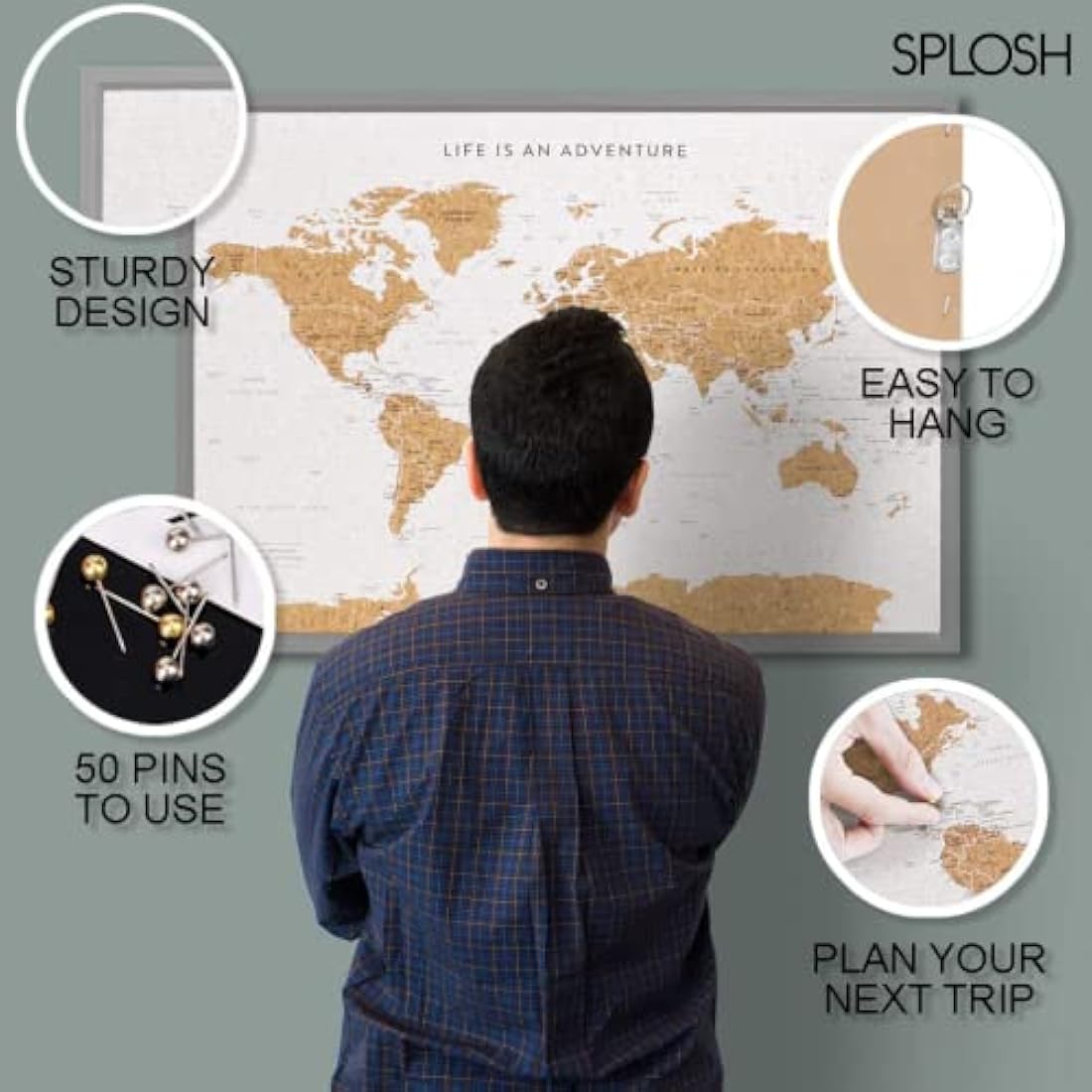 Splosh Large Maps. World Map Pin Board in Grey, Wooden Frame. World Map Cork Board with 100 Pins in 2 Colours to Mark Your Past and Future Adventures. Framed World Maps for Wall. (Grey)
