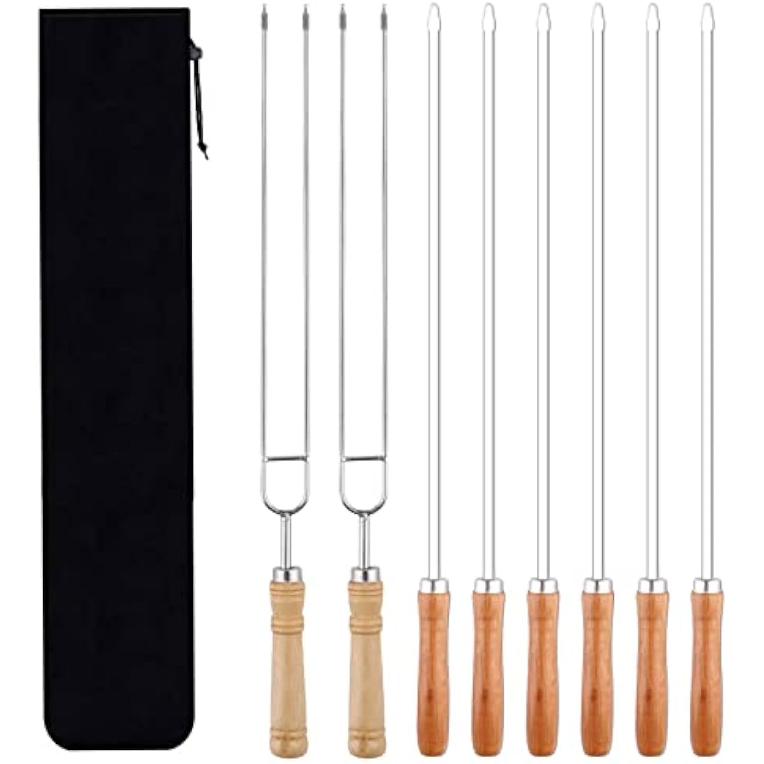 Skewers for Grilling, Stainless Steel BBQ Sticks with Wooden Handle 16 inch Kabob Skewer with Campfire Roasting Bag, 8 PCS (Wooden)