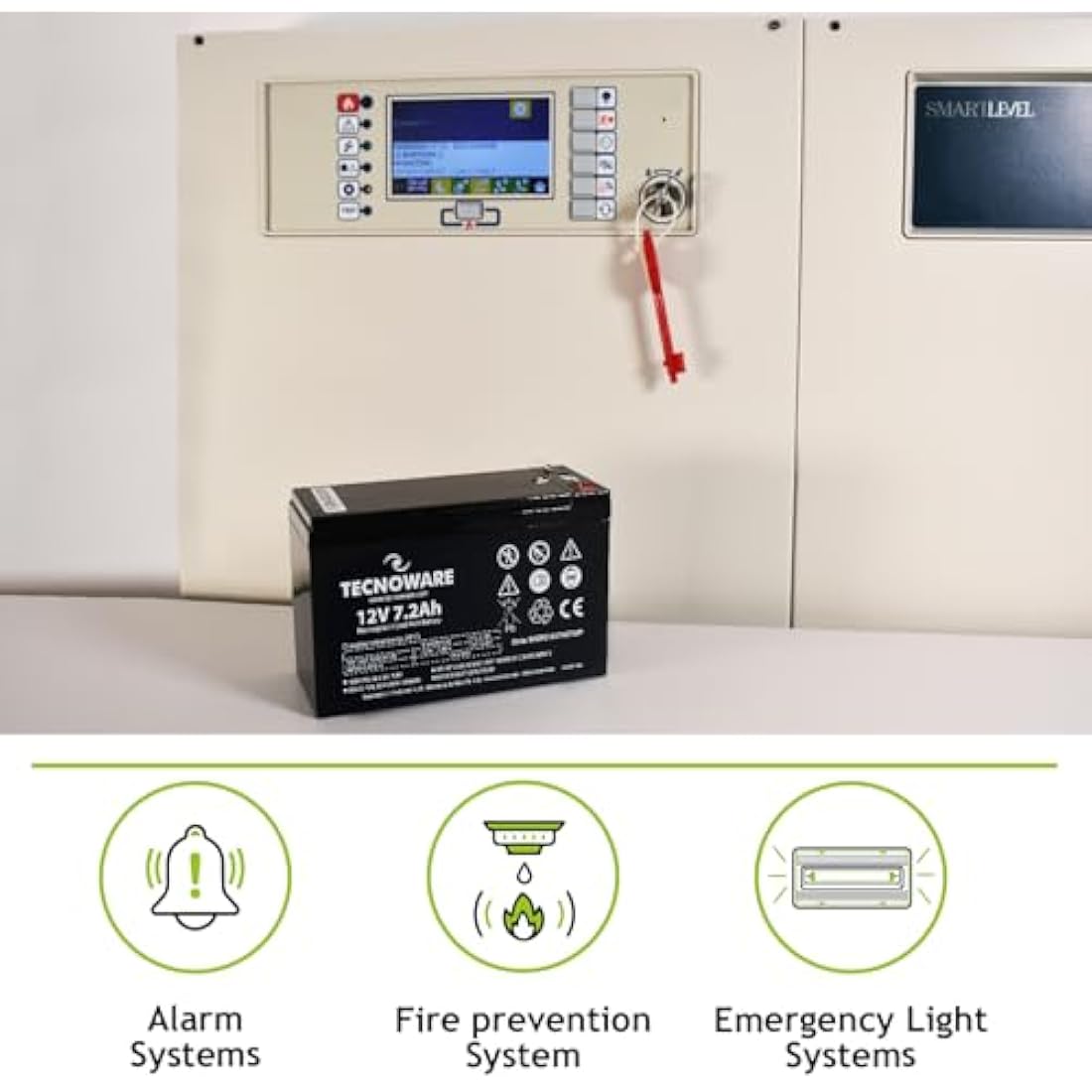 Tecnoware Power Systems - 12V Charge 7.2 Ah Lead-Acid Sealed Battery, for UPS, Video Surveillance and Alarm Systems, 2.5 Inch Faston Connection, Long Lasting, No Maintenance, Bianco, Size 7.2 Ah
