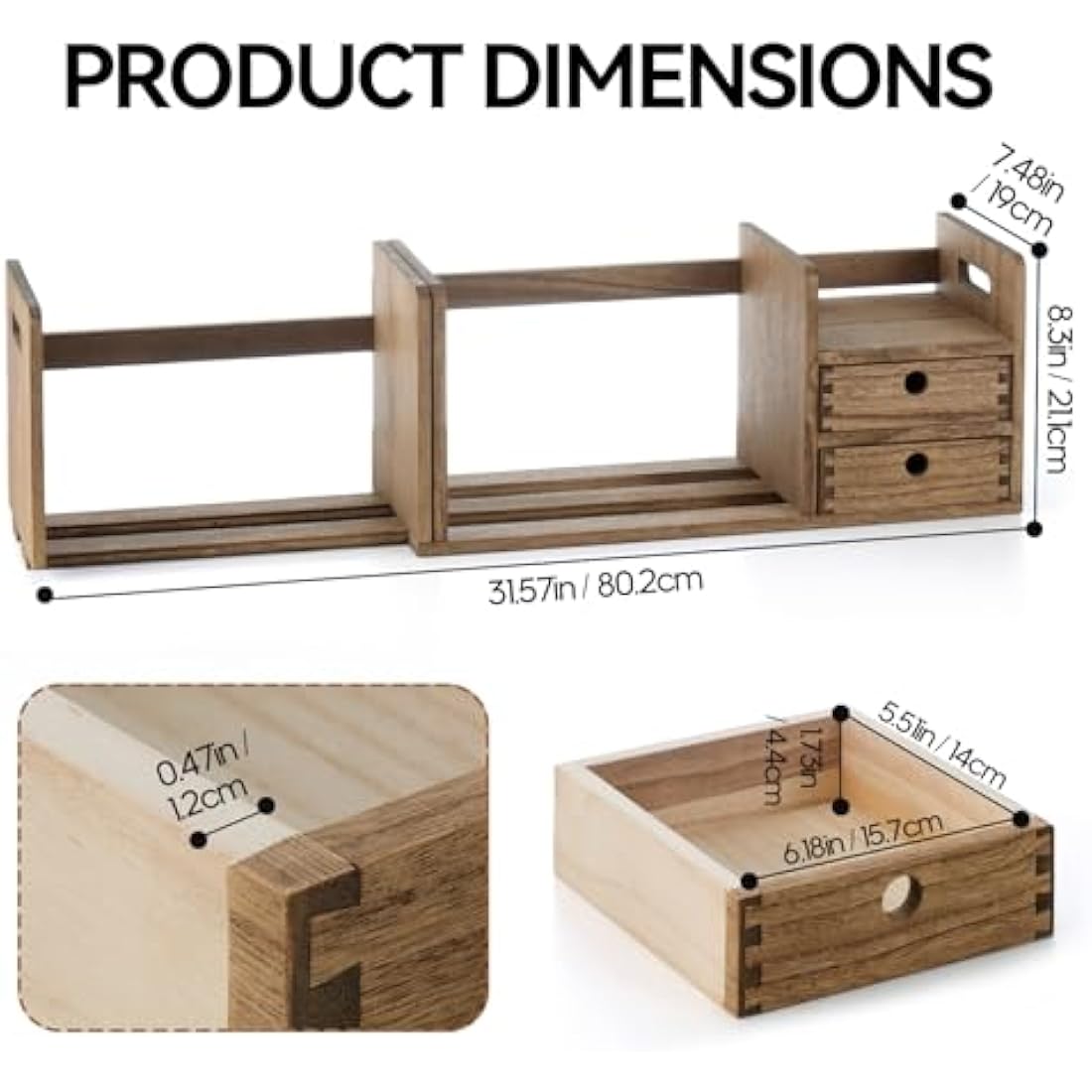 KIRIGEN Desktop Wooden Bookshelf, Expandable Book Organiser with 2 Drawers Desktop Bookcase Multifunction Storage Organizer Book Display Rack Home Office Tidy Organiser Wood Kids Bookshelf(LSJ-DBR)