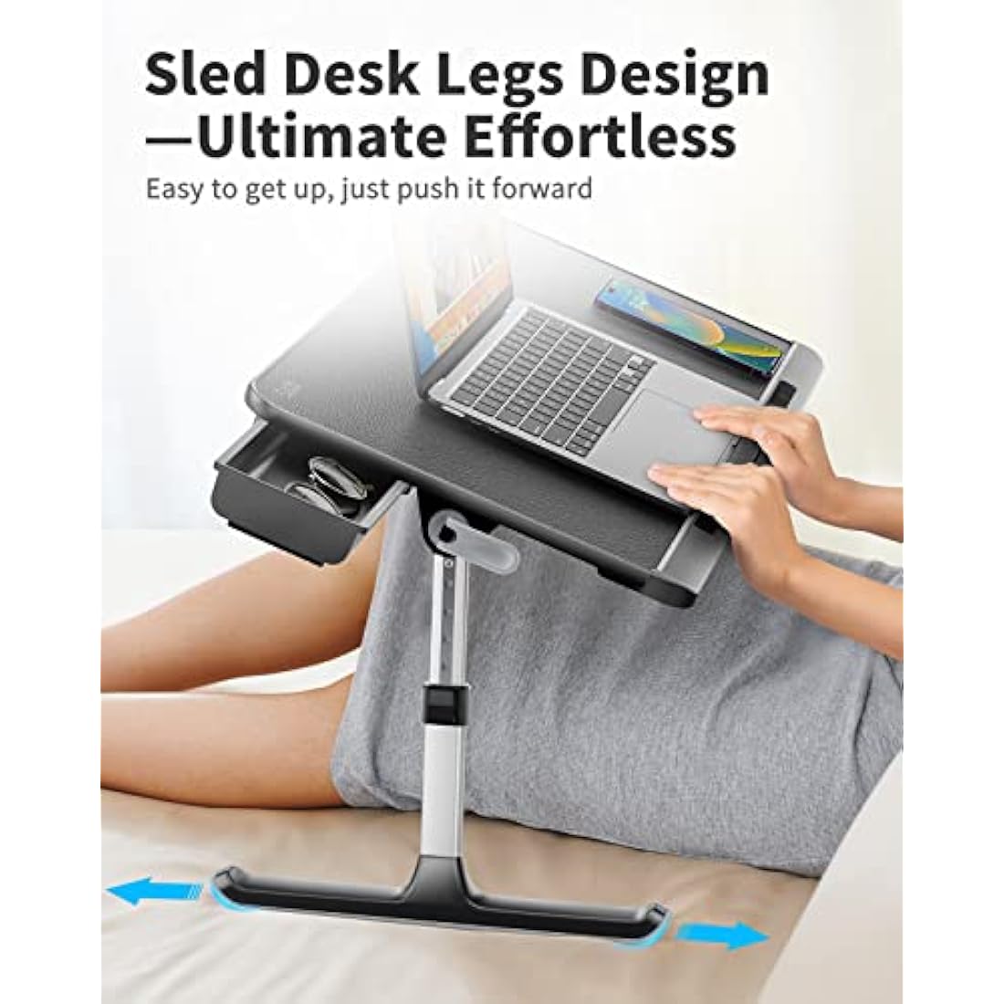 Laptop Bed Table, SAIJI 100% Eco-friendly wooden planks, Laptop Stand with Drawer, Folding Legs, 40kg Load, Angle Height Adjustable, Reading, Eating on Bed, Sofa, Laptop Lap Desk (Black 23.6*12.6in)