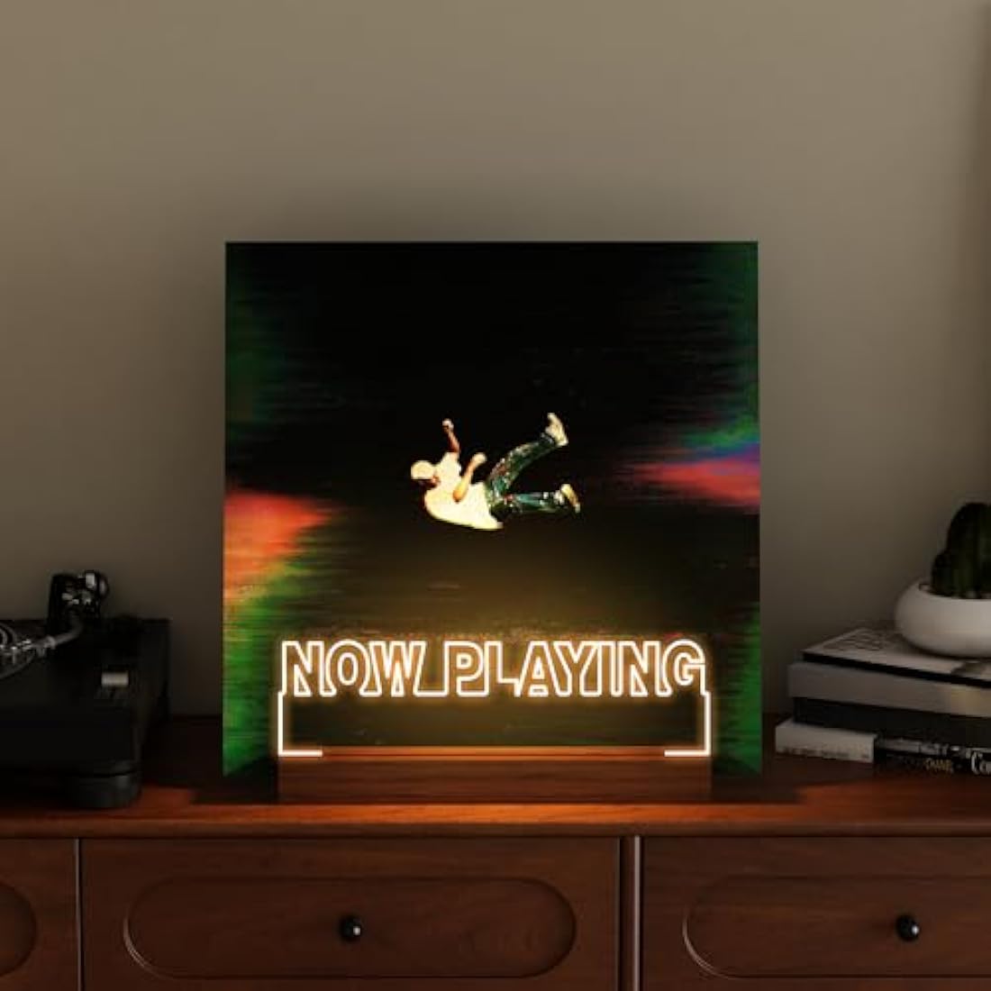 CoolGift Mart Now Playing Vinyl Stand, Light up Record Holder, Wooden Acrylic Display with Warm White Lights for Albums, Room Decor, Gift for Vinyl Lovers