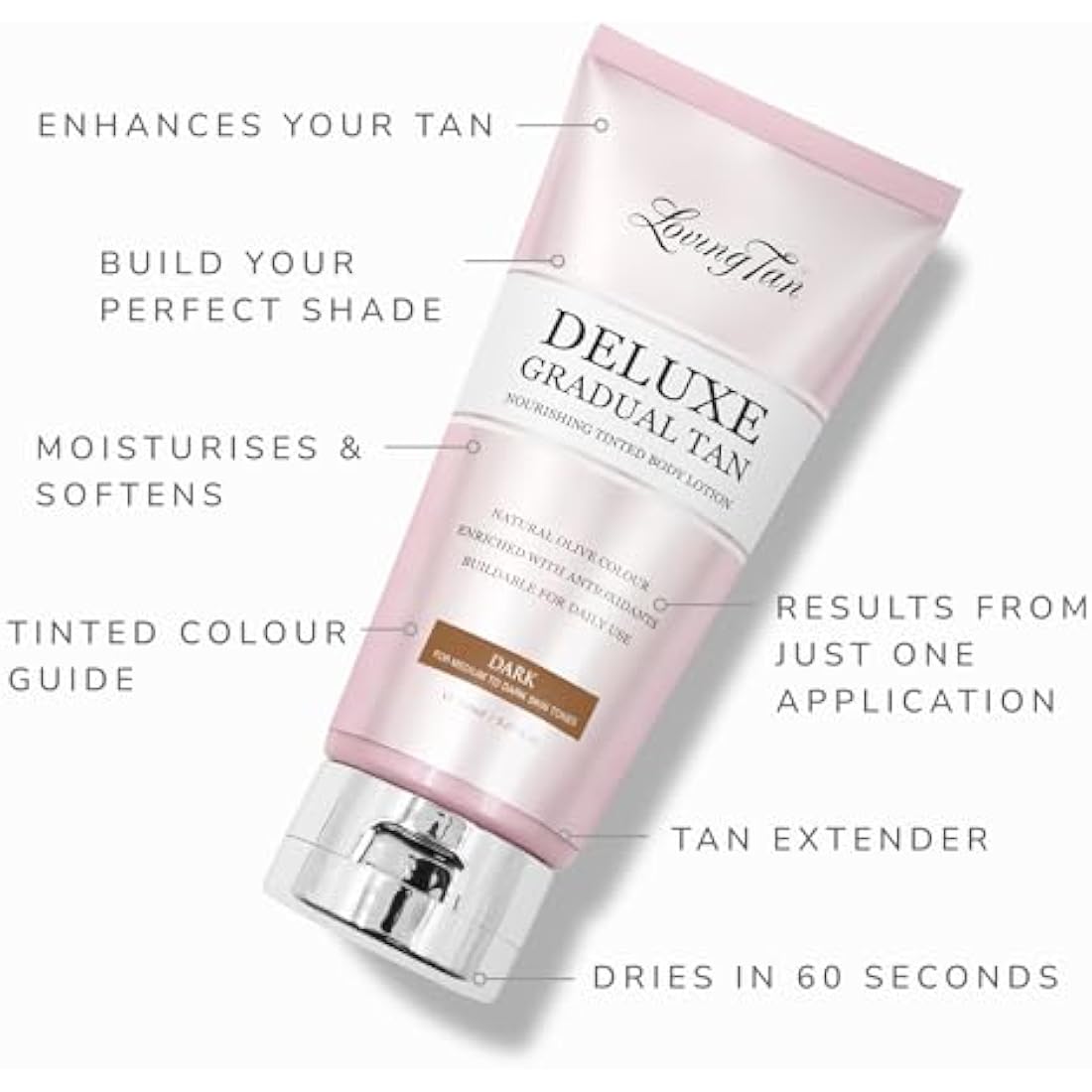 Loving Tan Deluxe Gradual Tan, Dark - Natural looking Self Tanner, Professional Strength Sunless Tanner, 7+ Self Tanning Applications per Bottle - Cruelty Free, Naturally Derived DHA - 150ml