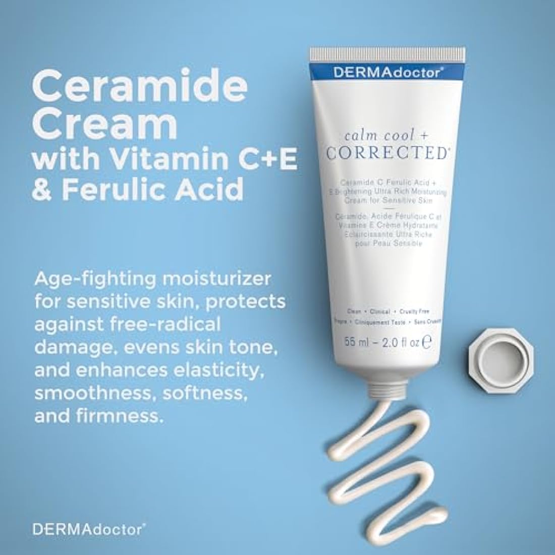 DERMAdoctor Ceramide Cream with Vitamin C E + Ferulic Acid | Barrier Repair Moisturizer for Face; Dermatologist Formulated Fragrance Free Age Fighting Face Cream for Sensitive Skin - 55 ml