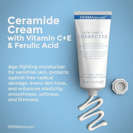 DERMAdoctor Ceramide Cream with Vitamin C E + Ferulic Acid | Barrier Repair Moisturizer for Face; Dermatologist Formulated Fragrance Free Age Fighting Face Cream for Sensitive Skin - 55 ml