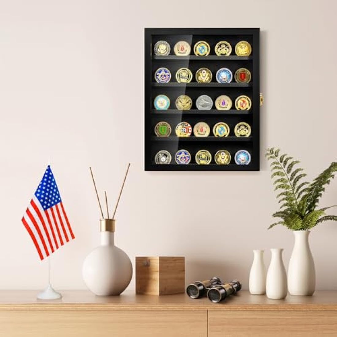 Military Challenge Coin Display Case, Coin Display Holder Wall Mount with Removable Shelves, Shadow Box for Medals Pin Badges Buttons