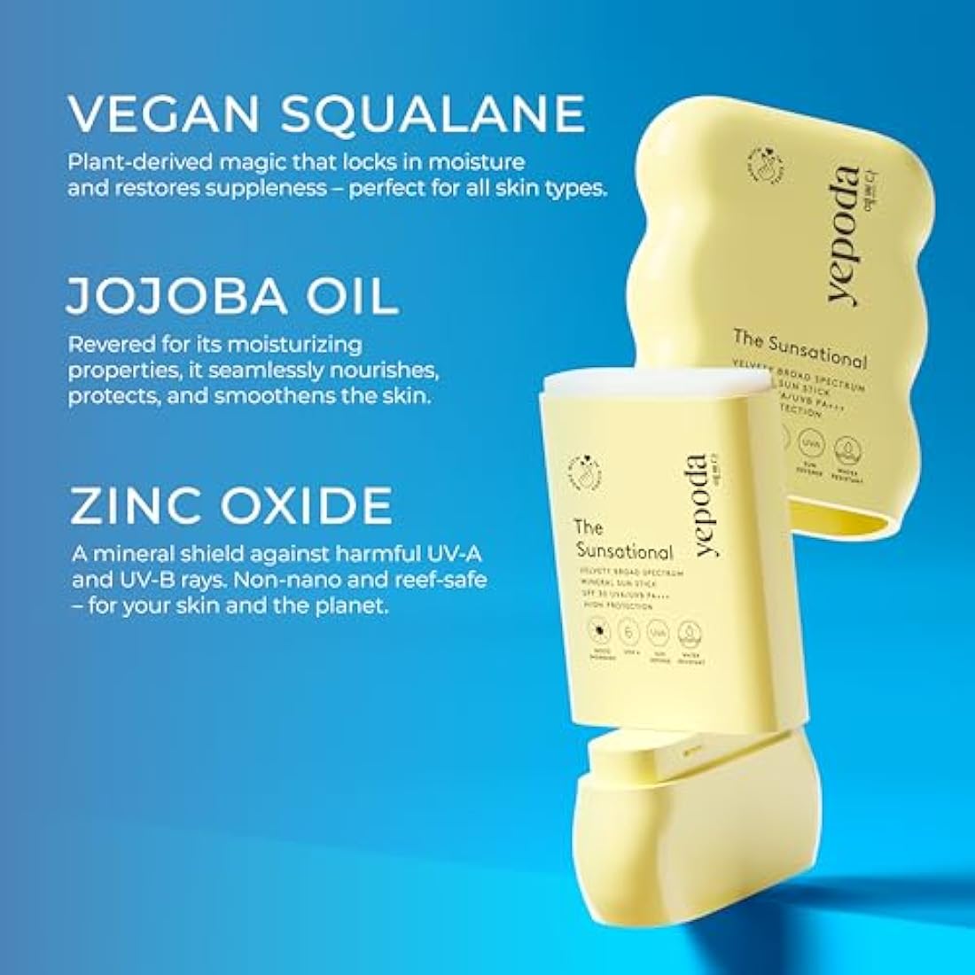 Yepoda The Sunsational, SPF 30 Broad Spectrum Mineral Sunstick UVA/UVB PA+++ High Protection, Water Resistant & Nourishing, Vegan Korean Mineral Sunstick SPF 30 for All Skin Types, 18.5 g
