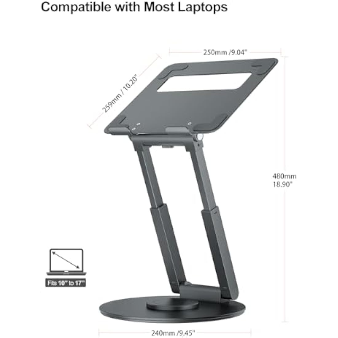 tounee Telescopic Laptop Stand for Desk with 360° Swivel Base, Sit to Stand, Height Adjustable, Portable Riser Holder for Good Posture, Compatible with MacBook Pro, All Laptops 10-17"-Gray