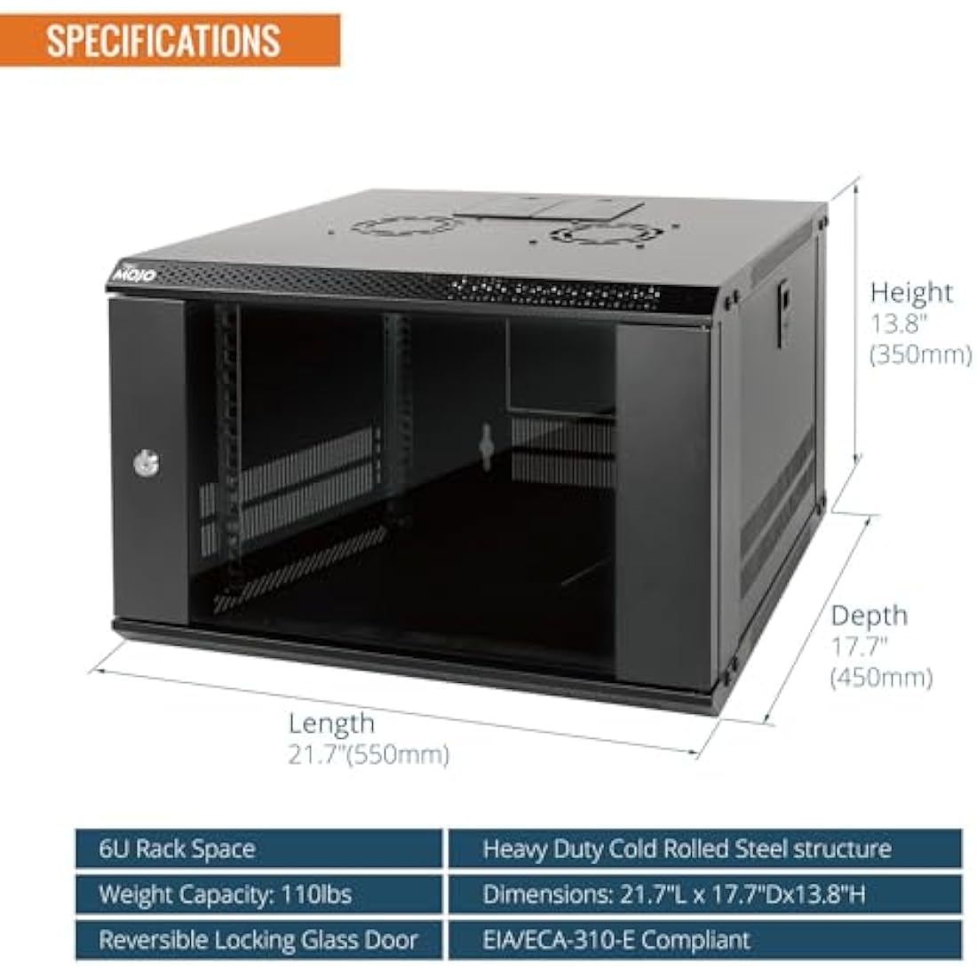 Tecmojo 6U 450mm Deep Wall Mount Server Cabinet IT Network Rack Enclosure, Lockable Door and Side Panels Black, Standard Glass Door, for 19” IT Equipment, A/V Devices, Flat Package