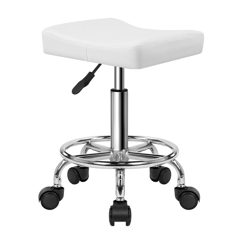KKTONER Square Rolling Stool PU Leather Height Adjustable Swivel Massage SPA Salon Stools Task Chair with Wheels (White)