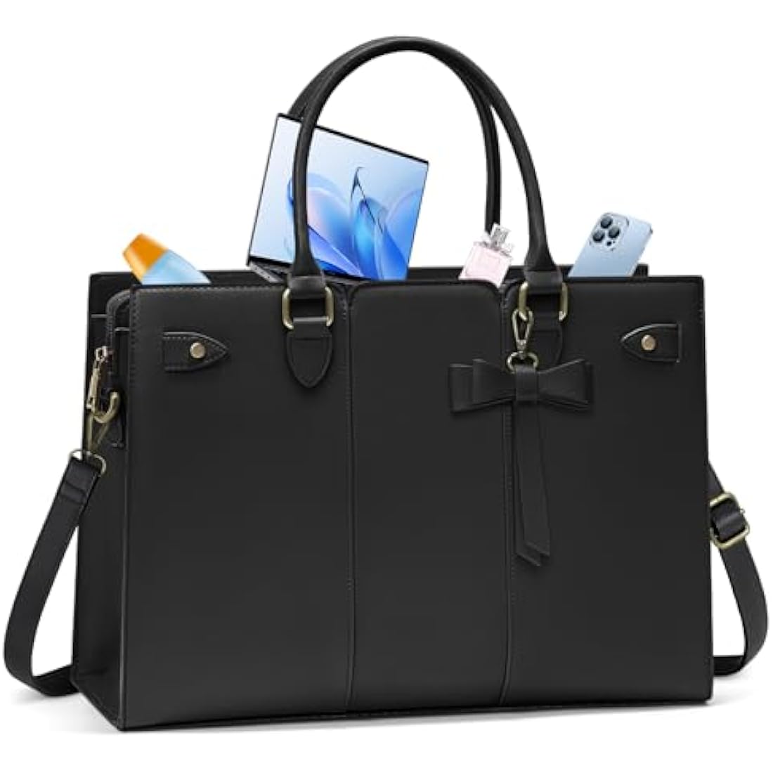 RAINSMORE Laptop Bags for Women PU Leather Work Bags for Women Tote Bag Large Handbag Shoulder Bag for Office Bussiness 15.6 Inch Black