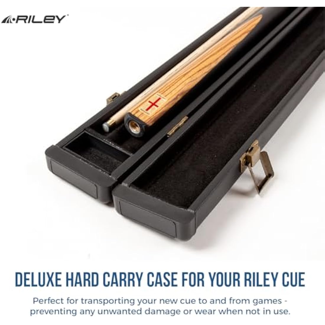 Riley England 3 Piece Snooker Cue & Hard Case 3/4 Cut – Hand Spliced Ebony Butt - 145cm - North American Ash Shaft with 9.5mm Tip - Includes 15cm Extension & Accessory Pack