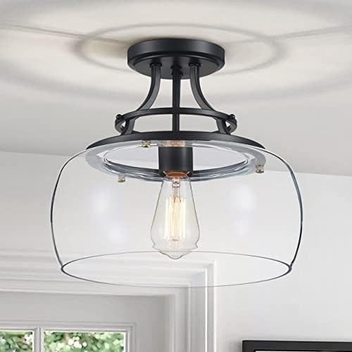 WUZUPS Chandelier Rustic Farmhouse Industrial Round Semi-flushmount Ceiling LED Light Fixture with Clear Glass Shades for Bathroom Kitchen Foyer Entryway, H 30 x W 34, E27 Base, Black