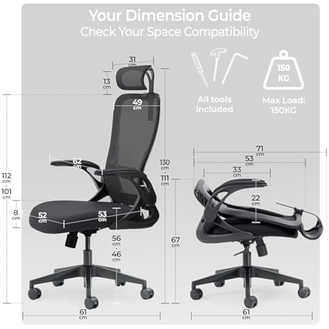 Tervo Model U | Folding Office Chair for Small Spaces | Ergonomic Design with High Rebound Mesh | Computer Desk Chair for Gaming | For Adults & Kids | Foldable & Compact with Flip Up Arms