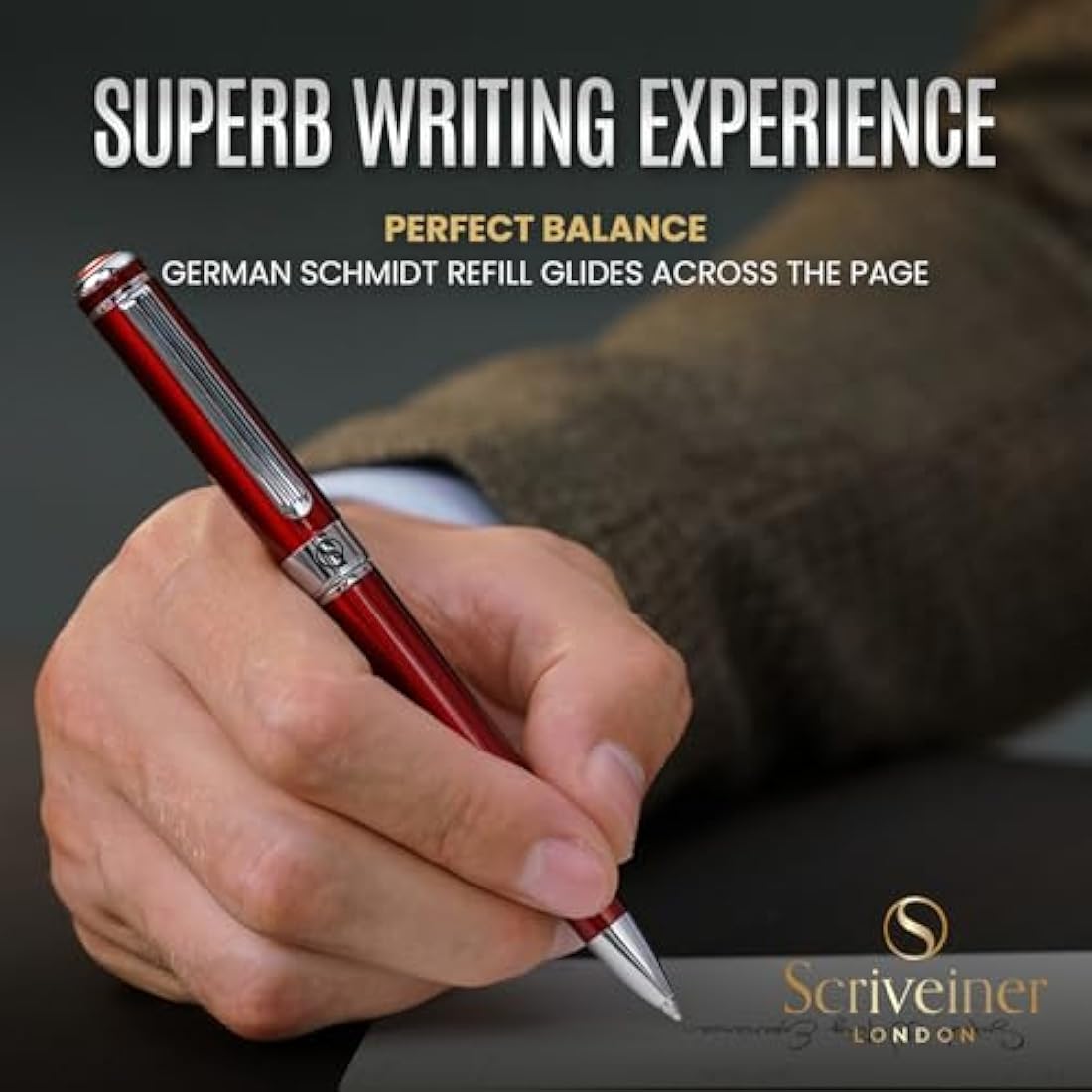 Scriveiner Deep Crimson Ballpoint - Stunning Red Lacquer Luxury Pen, Chrome Finish, Schmidt Black Refill, Best Ball Pen Gift Set for Men & Women, Professional Executive Office