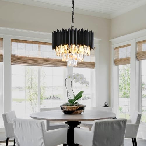 Modern Crystal Chandeliers 3-Tier K9 Round Crystal Chandeliers Light Fixture Small Black Ceiling Light Fixture for Dining Room Living Room Bedroom Entryway ，E14*5Light