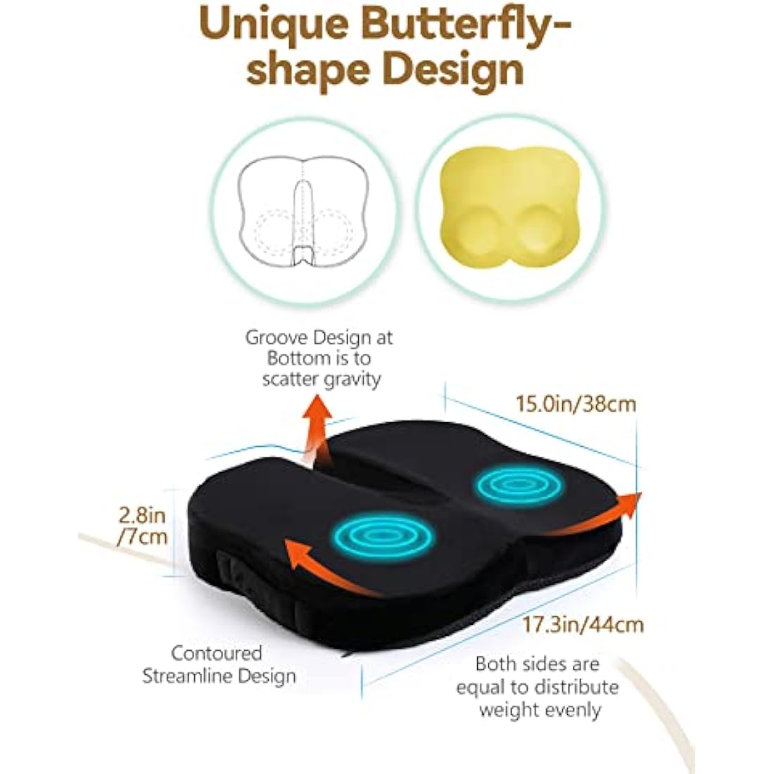 Travel Ease Ergonomic Seat Cushion, Premium Memory Foam Chair Pad with Anti-Slip Base for Long Hours Sitting Comfort, Hip Support Pillow for Office Chair, Car Seat, Gaming Chair (Black)