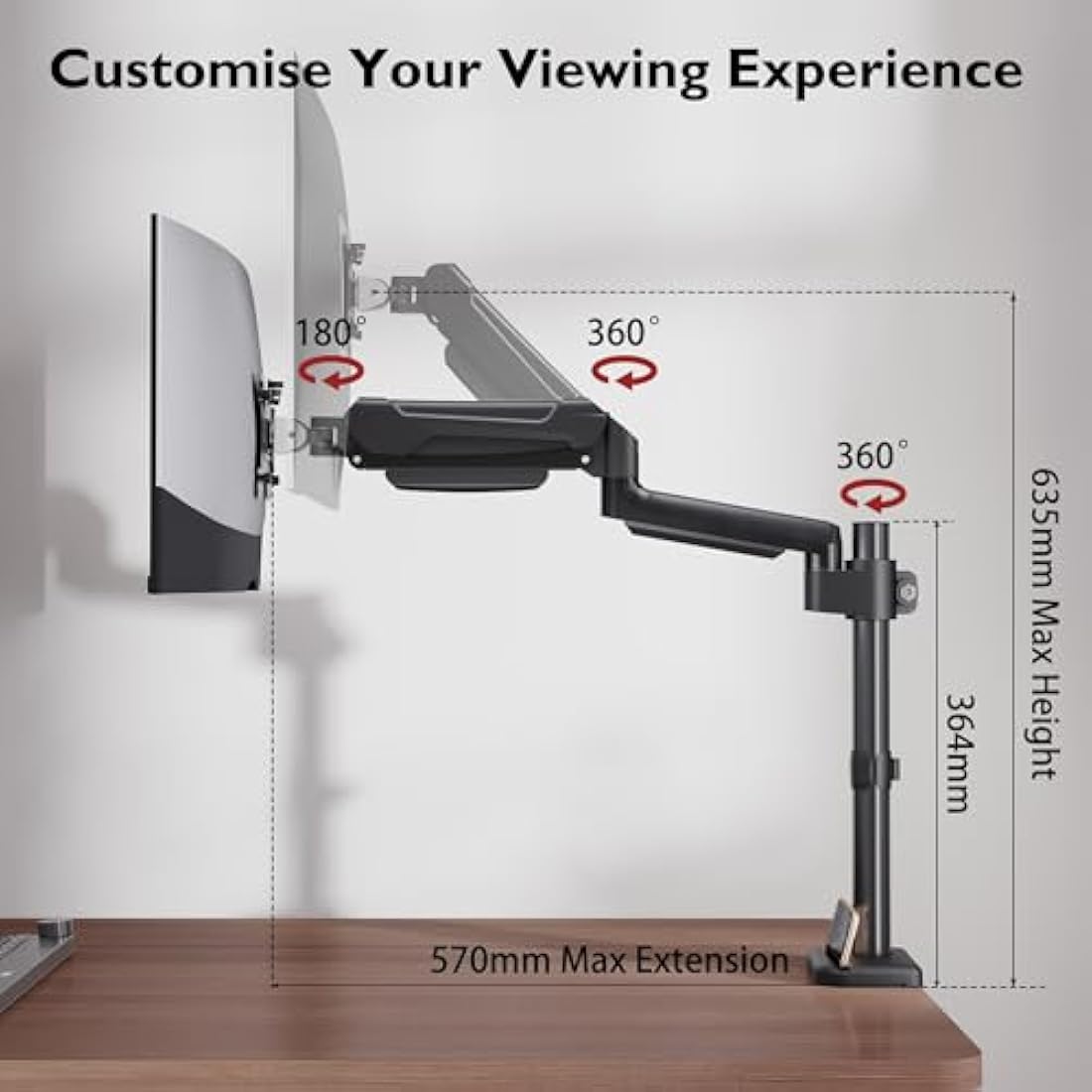 BONTEC Single Monitor Arm Desk Mount for 13-32 Inch Screens, Adjustable Gas Spring Arm Stand, VESA 75/100mm, 9kg Capacity, Tilt, Swivel, 360° Rotation, C-Clamp & Grommet Options, Ergonomic Design