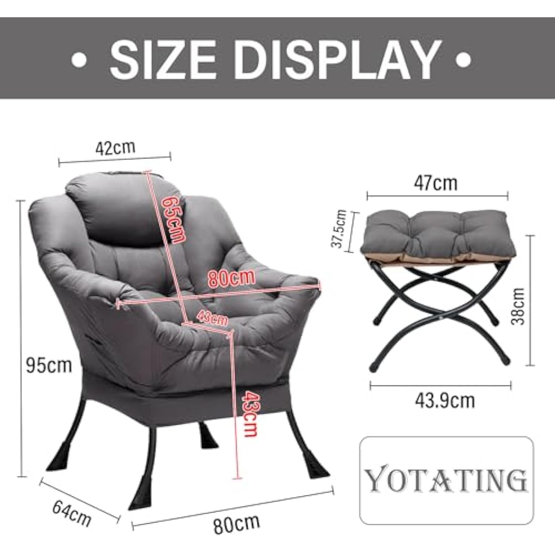 YOTATING Comfy Armchair with Footstool, Lazy Chair with Ottoman Leisure Accent Chair Relax Lounge Chair with Armrests & Side Pocket for Living Room, Bedroom & Small Spaces Armchair, Dark Grey