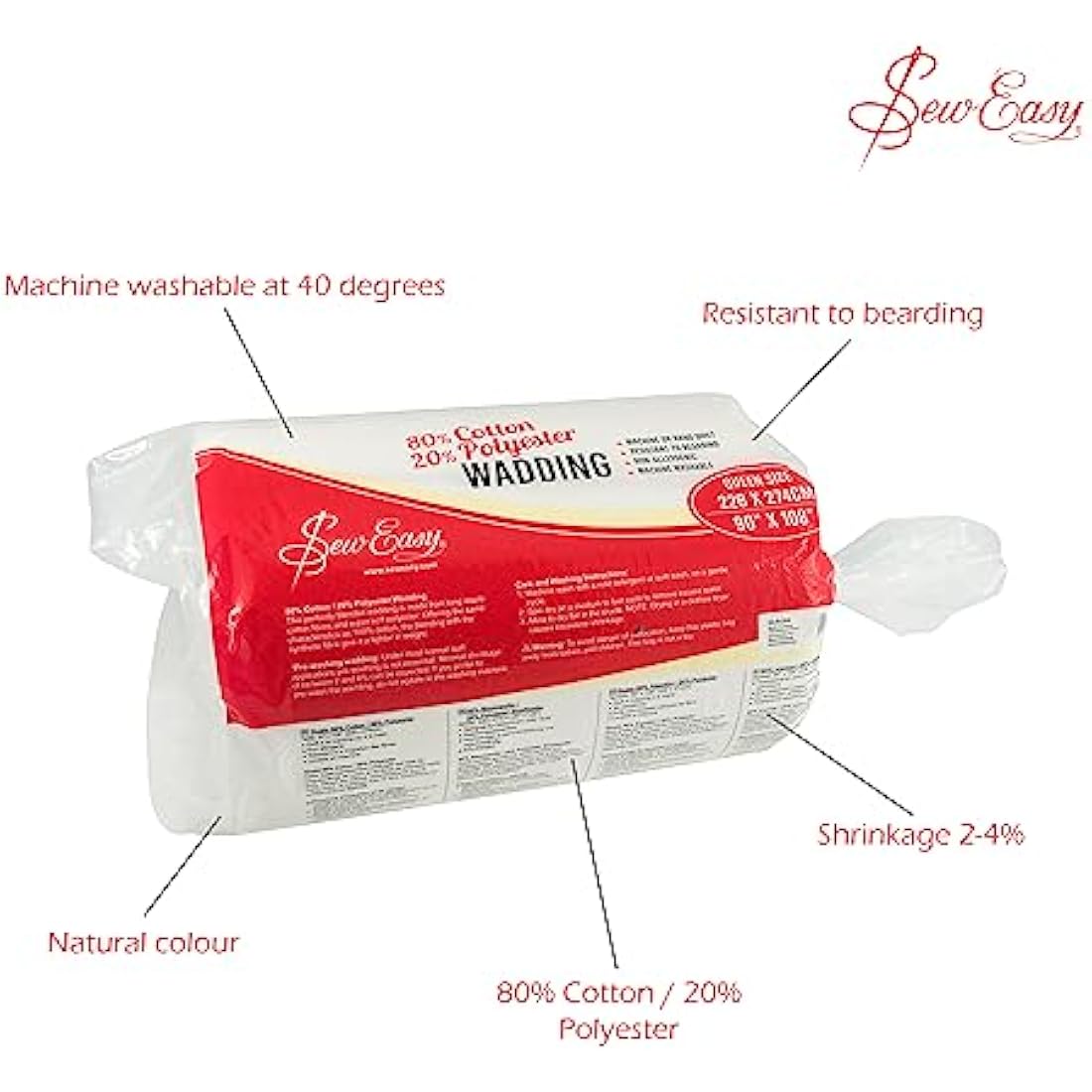 Sew Easy Quilting Batting Wadding 80% Cotton 20% Polyester Washable, Queen Size 228.6 x 274.3cm 90 x 108” (NLW.204)