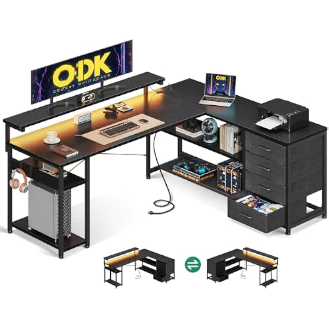 ODK Corner Desk with Drawers, L Shaped Gaming Desk with LED Lights & Power Outlets, Reversible Computer Desks for Home Office Workstation, Office Desks with Monitor Shelf, 155×110 cm, Black