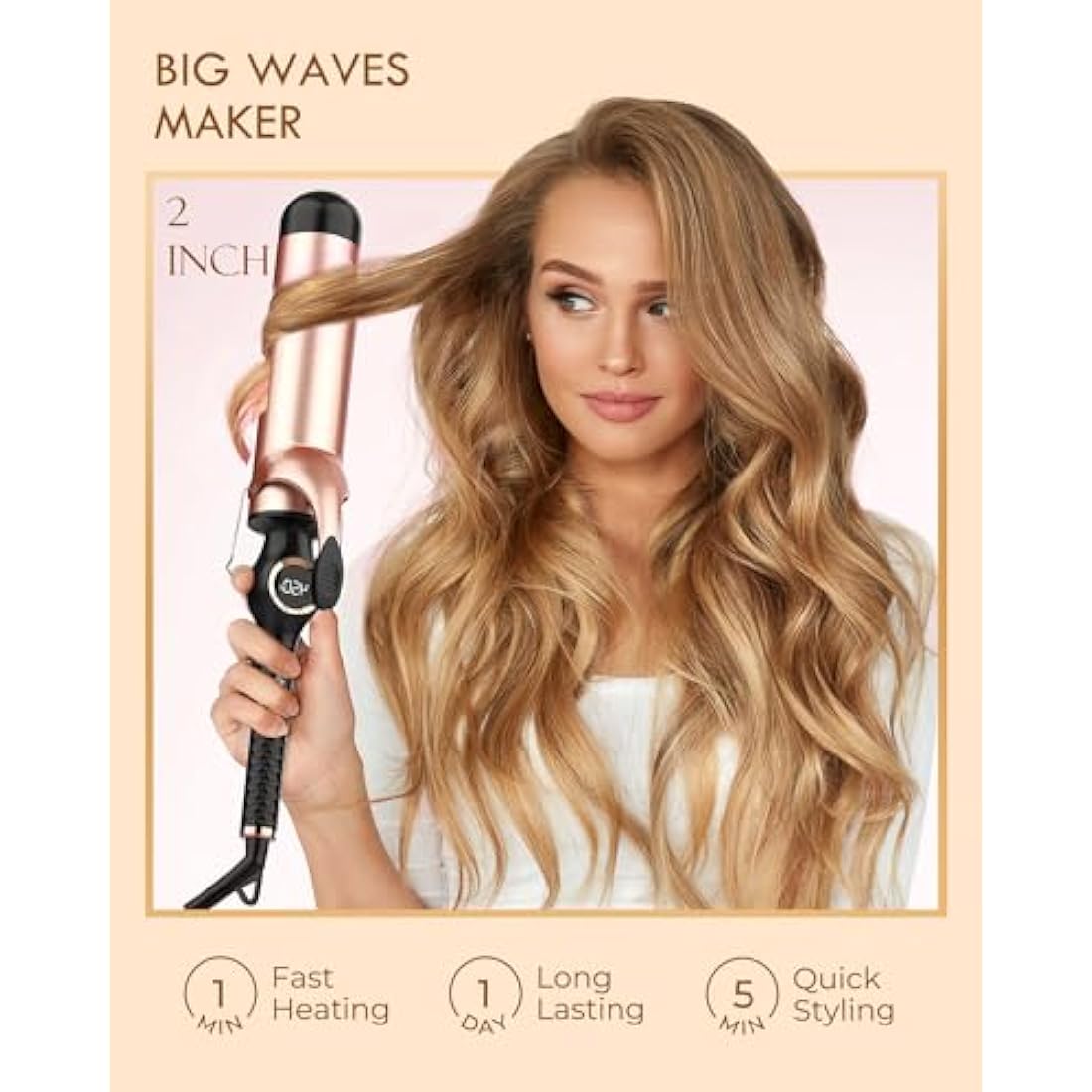 Curling Tongs 50mm, Large Barrel Curling Wand for Hair, Ceramic Long Barrel Hair Curling Iron Dual Voltage