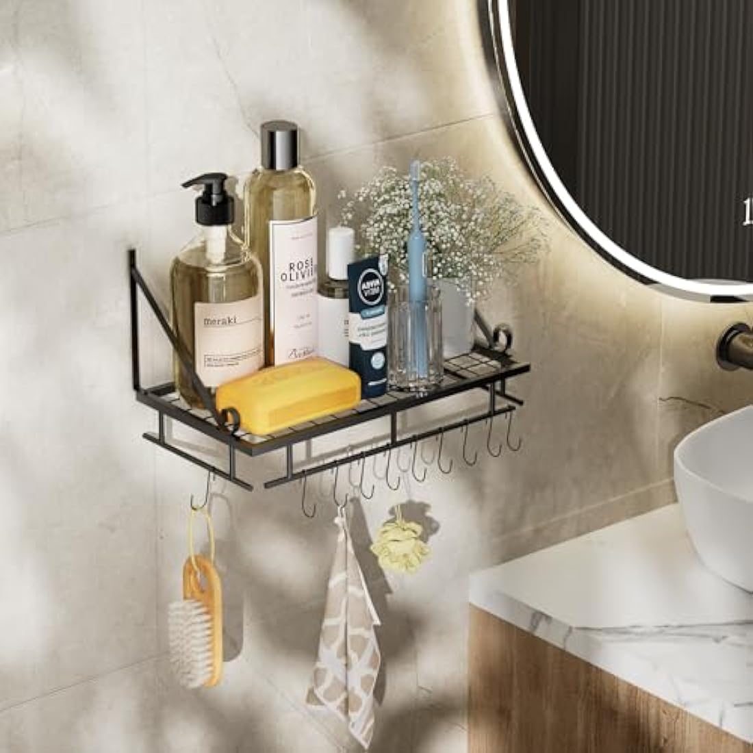 XEMQENER Wall Hanging Pan Pot Rack with 10pcs Removable Hooks, 45cm Wall Shelf with Towel Bar, Kitchen Bathroom Utensils Organizer, Hanging Shelving (45 * 24 * 25cm)