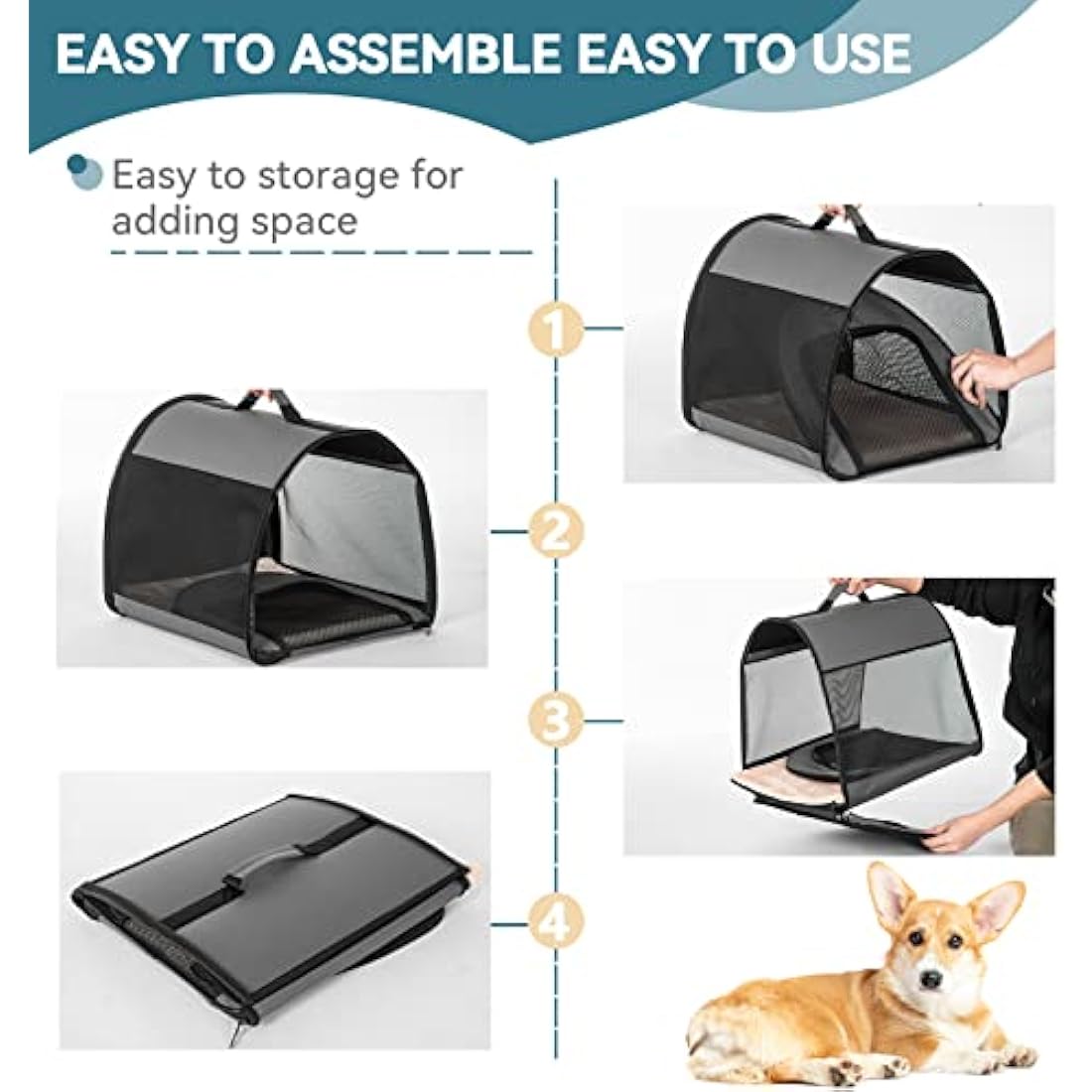 PETSFIT Soft Dog Crate, Travel Bag Carrier- 19 Inch Lightweight, Thick Cushion, Roomy, Easy to Set Up, Portable Pop Up Dog Carrier, Sturdy Portable Cat Kennel Grey