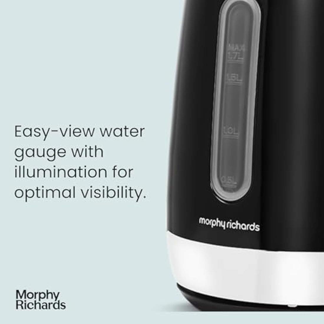 Morphy Richards Equip Kettle, 1.7L, 3Kw Rapid boil, Removeable Limescale Filter, Easy View Water Gauge, Stainless Steel Case, Black, 102783