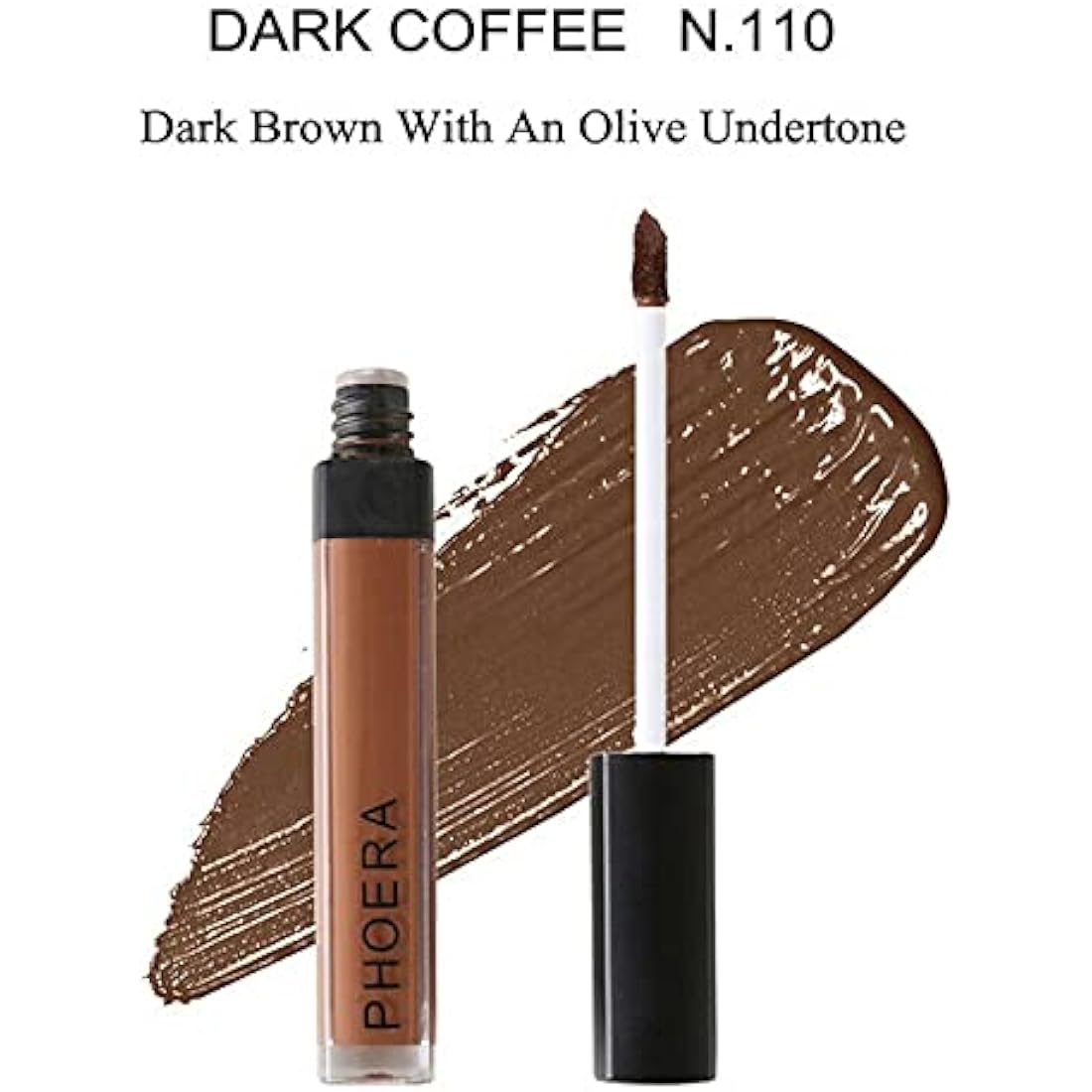 Phoera Full‑Coverage Matte Liquid Concealer – Waterproof, Oil‑Free Camouflage for Dark Circles, Acne Scars & Under‑Eye (110 - Dark Coffee)