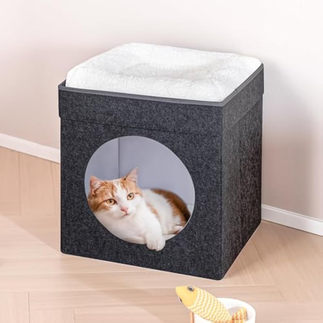 Bonlife Cat Beds for Indoor Cats,Foldable Large Felt Cat House for Winter with Two Move Cushion,Warm Comfortable Dog Bed，Dark Grey 45X45X50CM