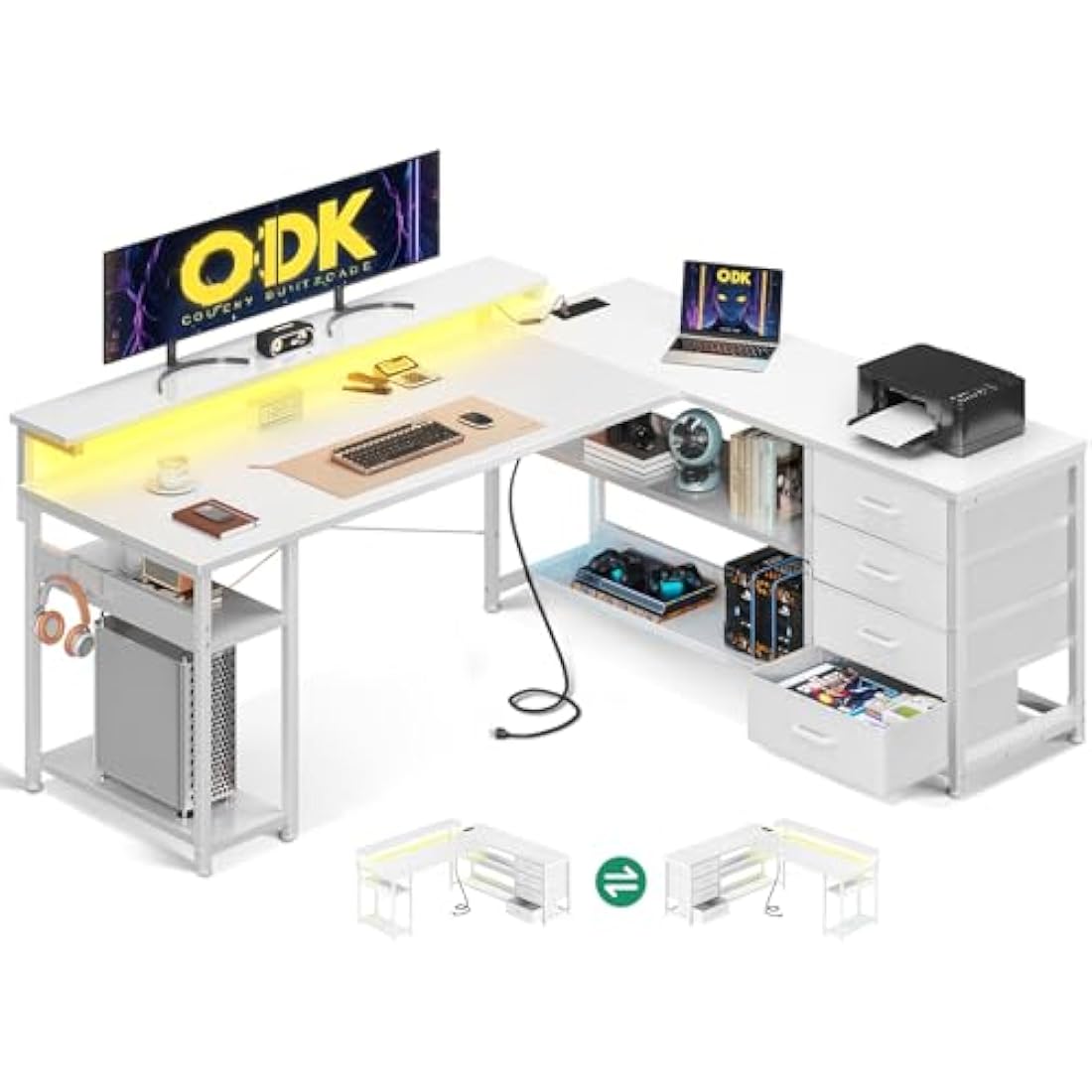 ODK Corner Desk with Drawers, L Shaped Gaming Desk with LED Lights & Power Outlets, Reversible Computer Desks for Home Office Workstation, Office Desks with Monitor Shelf, 155×110 cm, White