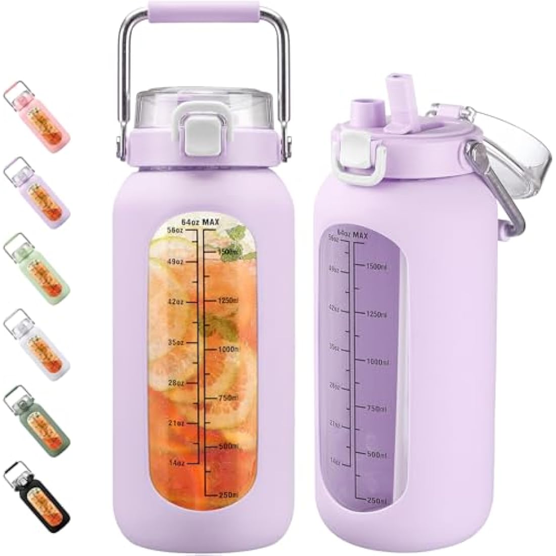 BLUEGO 2000ml Borosilicate Glass Water Bottle with Stainless Handle and Time Marker 2L Drinking Bottle with Silicone Sleeve and Straw for Gym Office Outdoor Sports Water Bottles BPA Free, Purple