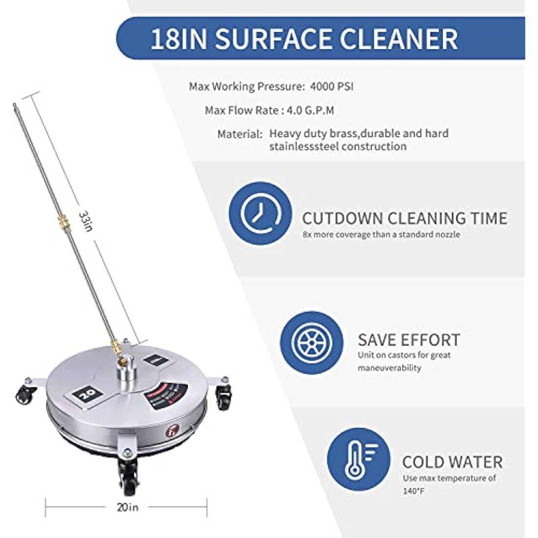 20" Pressure Washer Surface Cleaner with 4 Wheels, Stainless Steel Housing & 1/4" Quick Connector, Power Washer Attachment with 2 Extension Wands, 2 Replacement Nozzles, 4000 PSI (20inch)