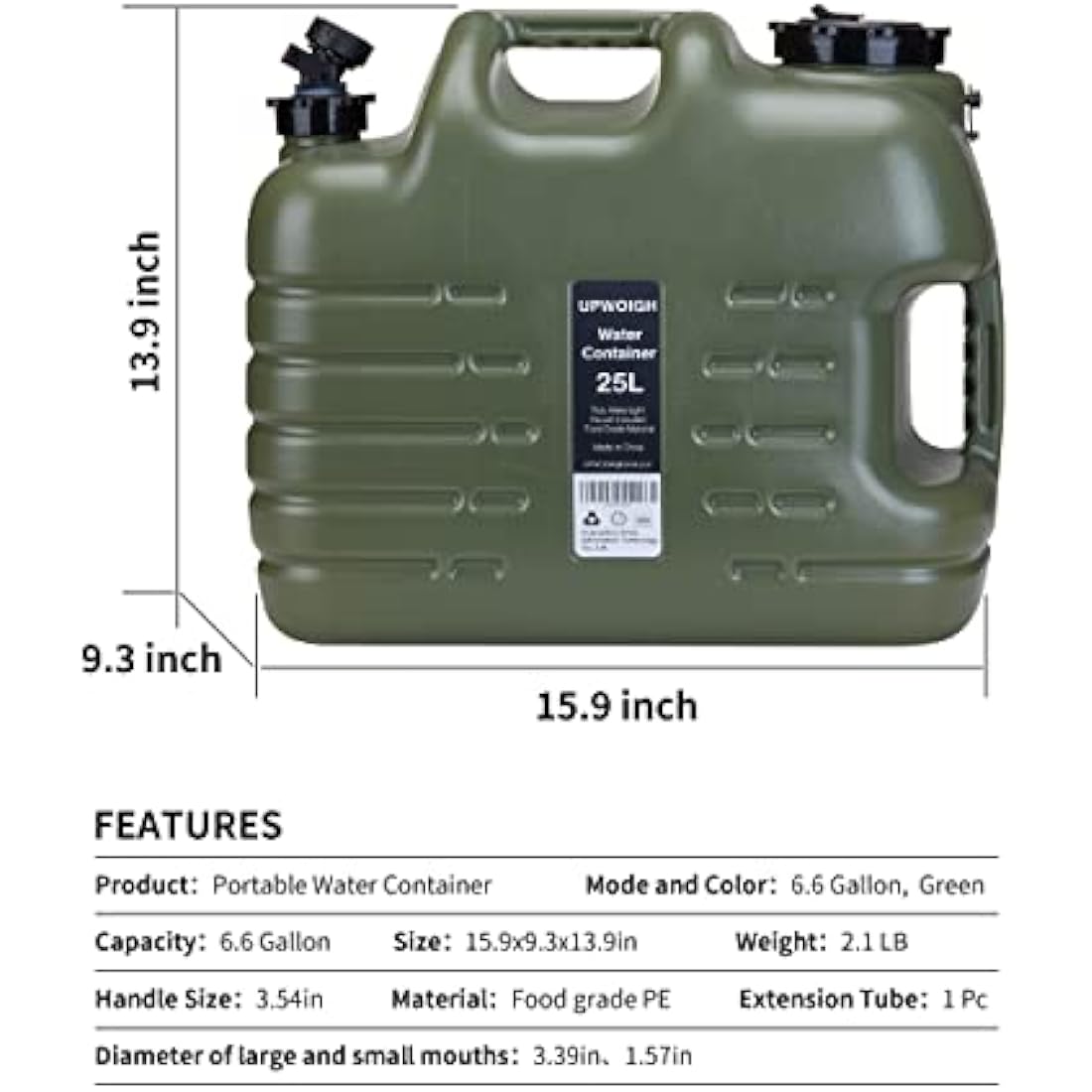 UPWOIGH Water Container, 25L Big Water Jug, Truly No Leakage Water Storage, Military Green Water Tank,BPA Free Portable Water Containers for Camping