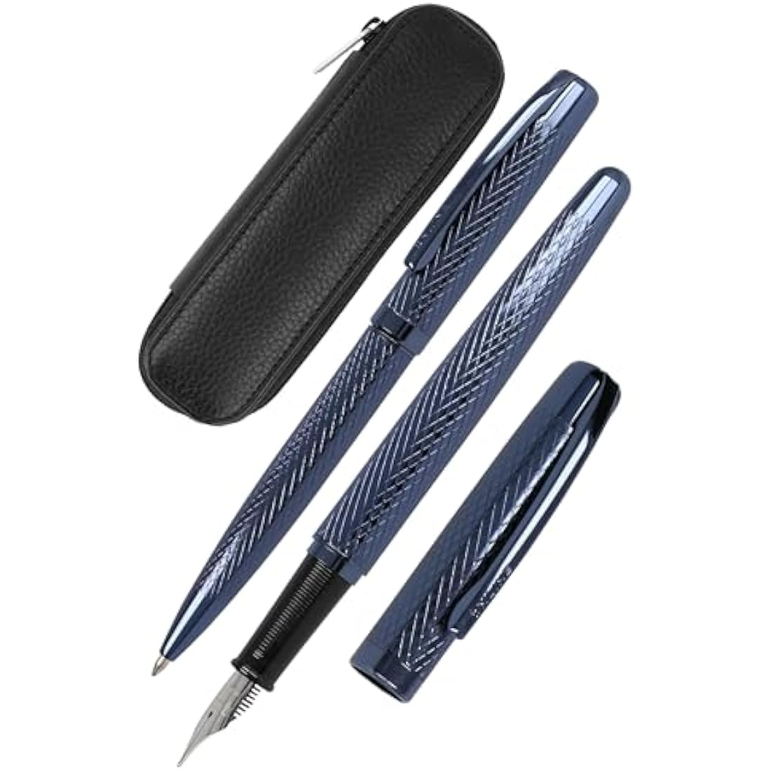 Online Set Eleganza Fountain Pen & Ballpen & Leather Case I Colour: Blue I Nib Size M I Metal Clip I Retractable Biro I Fountain-Pen for Standard Ink Cartridges Or Converter I In Gift Box