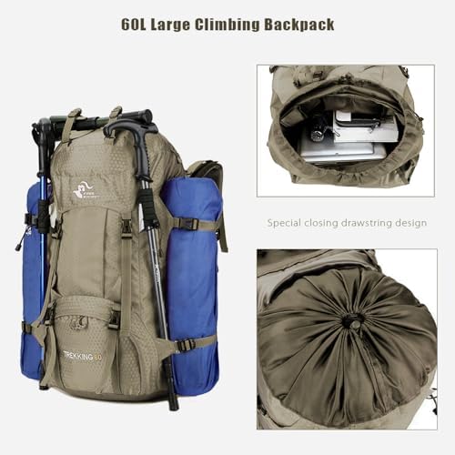 Bseash 60L Waterproof Hiking Camping Backpack with Rain Cover, Lightweight Outdoor Sport Travel Daypack Rucksack for Climbing Skiing