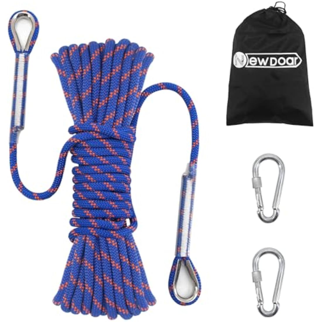 NewDoar 14KN Static Climbing Rope 8mm Accessory Cord Equipment 33FT(10M) 66FT(20M) 98FT(30M) 165FT(50M) Escape Rope with 2 Carabiners for Ice Climbing Fire Rescue Rope Safety Rope