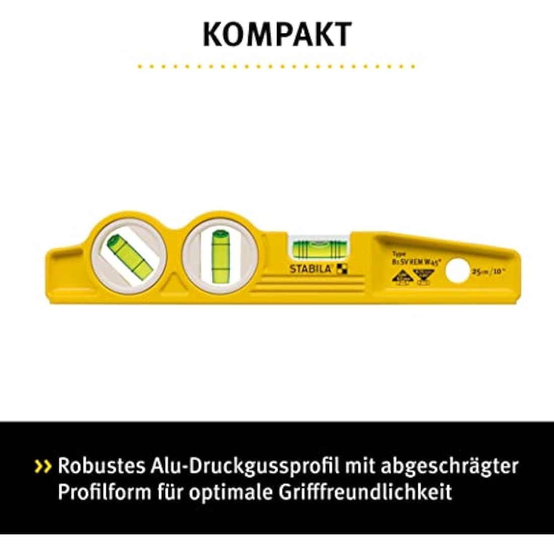 Stabila 16672/4 25 cm"Torpedo Type 81 SV REM W45" Spirit Level with Bag - Yellow/Black