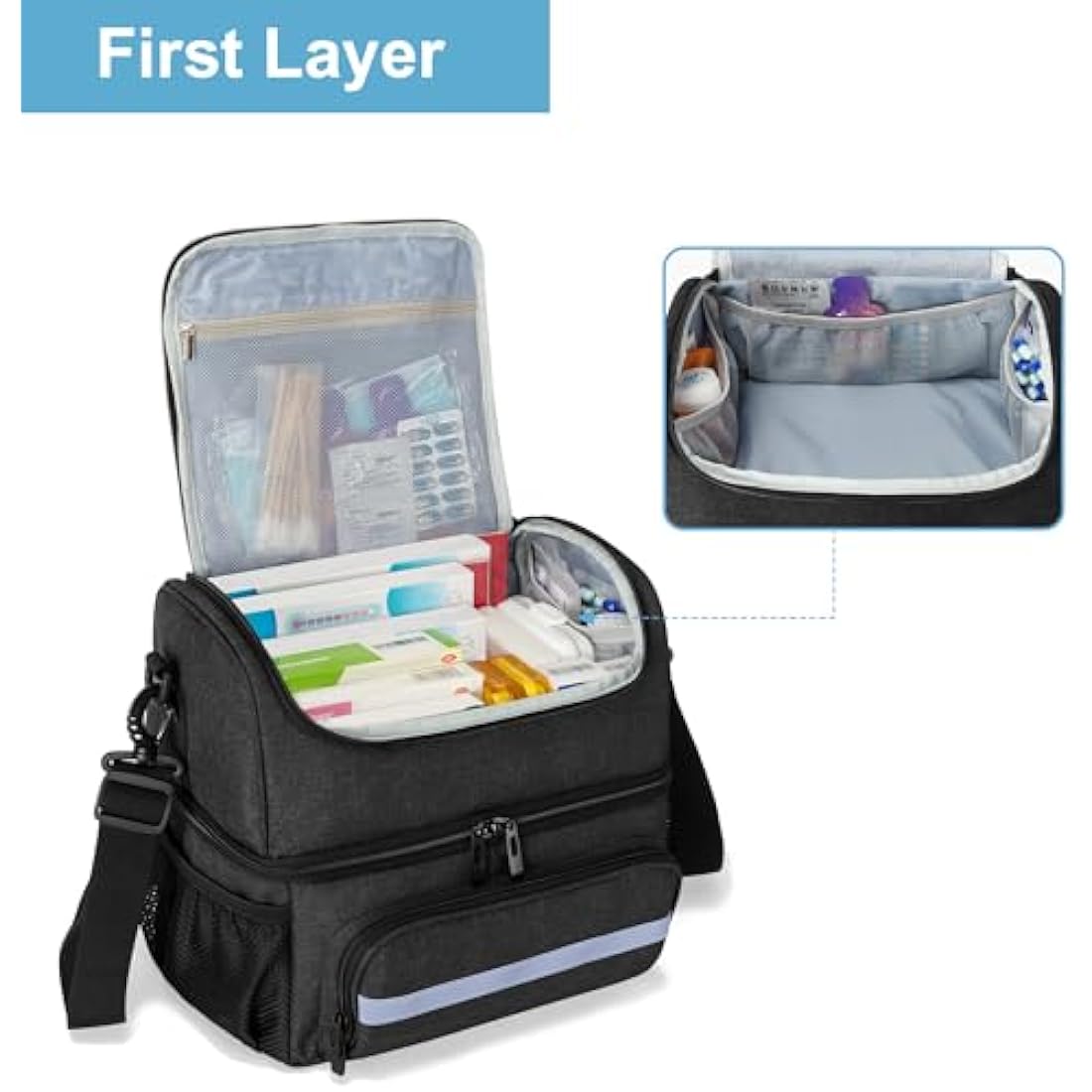 CURMIO Double Layer Medicine Storage Bag Empty, Family First Aid Organiser for Emergency Medical Kits, Portable Medicine Supplies Bag for Home and Travel, Black
