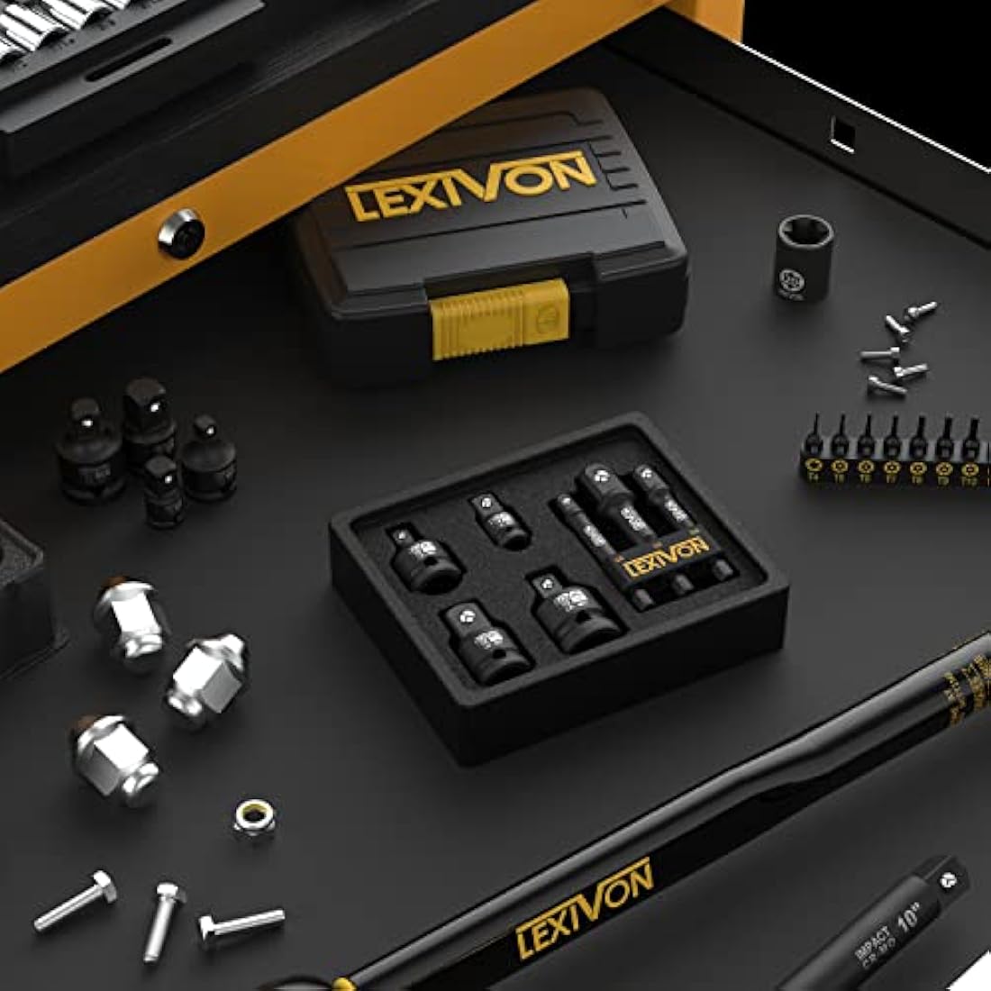 LEXIVON Impact Socket Adapter Combo Kit, 7-Piece Increaser, Reducer & Extension Set | 1/4"-3/8"-1/2" Impact Driver Conversions, Active Rust Protection by Black-Phosphate Coating Treatment (LX-109)