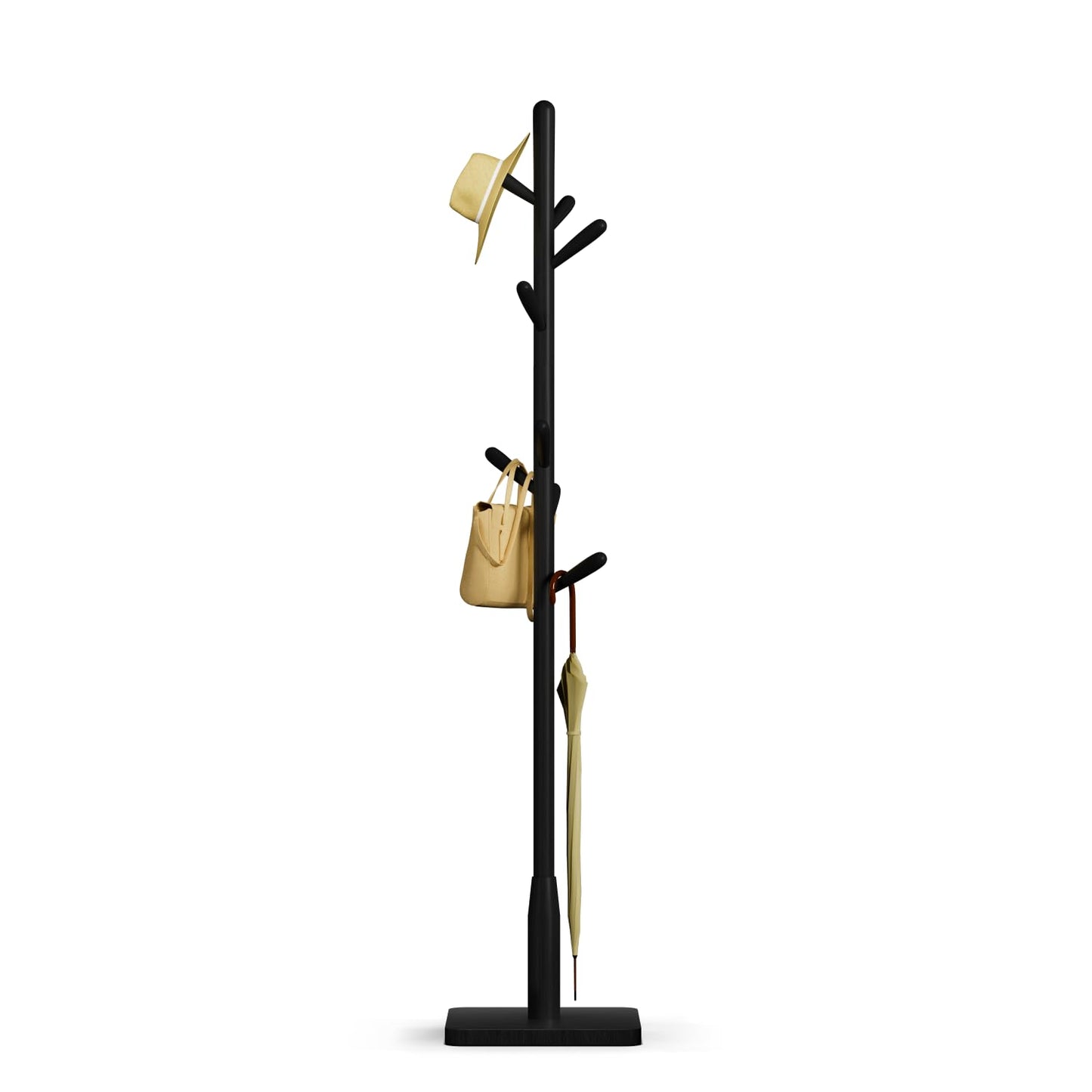 Awatiwa Solid Wood Square Base Coat Rack, Free Standing Hall Coat Tree with 8 Hooks（+2 spare for Coats, Hats, Bags, Purses, for Entryway, Hallway