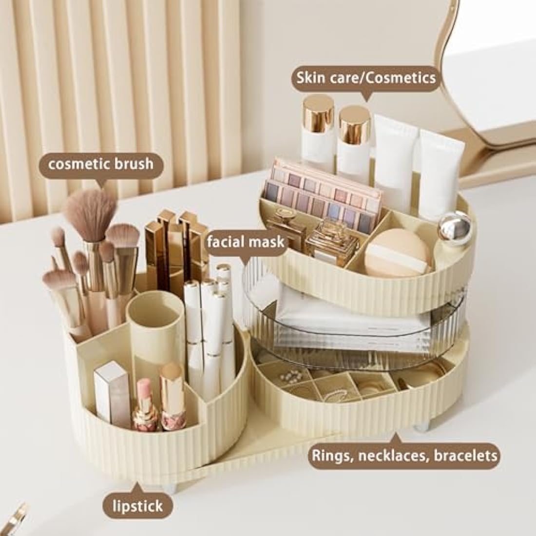 DASITON Makeup Organiser, 360° Rotating Makeup Brush Holder, Large Capacity Cosmetic Display Case Dressing Table Organiser, Makeup and Skincare Storage Organiser for Vanity, Bathroom, Desk (Cream 02)