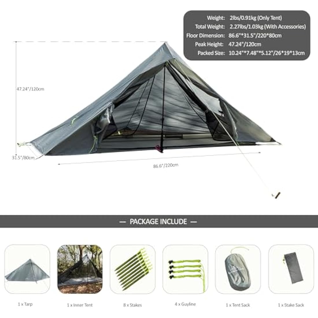 Nature Link Altair One Ultralight Trekking Pole Backpacking Tent, Waterproof SIL Nylon, Double Wall, 3 Season, 1 Person Shelter for Backpacking, Hiking, Camping, Trekking, Bushcraft