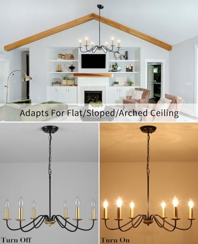 MRHYSWD Black and Gold Chandelier Lighting, 6 Lights Metal Pendant Light Fixtures Industrial Chandeliers Ceiling Light for Living Room Kitchen Dining Room Bedroom Hall, Height Adjustment