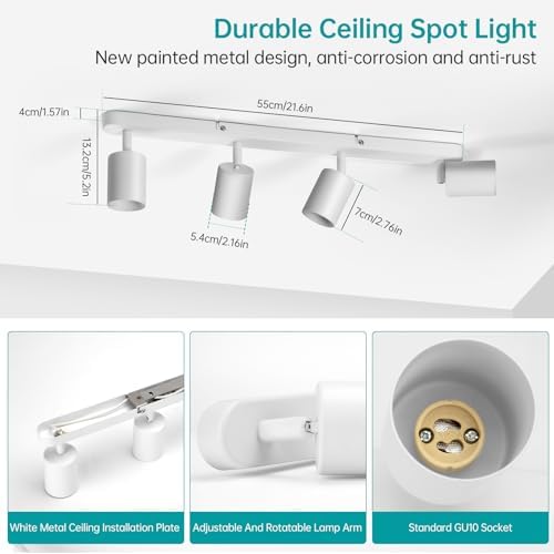 wowatt 4 Way Ceiling Spotlight Bar White, Modern Ceiling Light Fitting Adjustable with GU10 Socket Spot Lights Ceiling Indoor Spot Lamp Rotatable for Kitchen Bedroom Hallway, GU10 Bulb Not Included